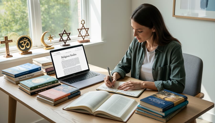 Open notebook with research notes beside stack of books about world religions on desk