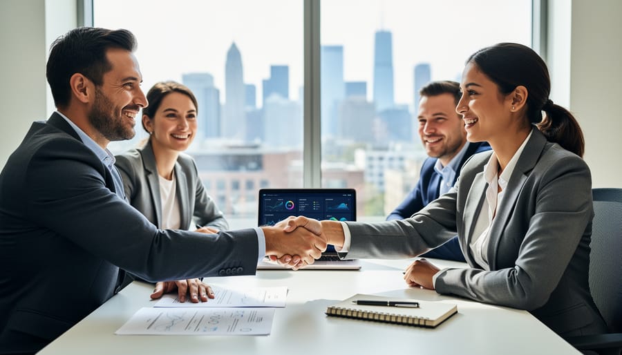 Business professionals shaking hands in modern office setting representing successful client partnerships