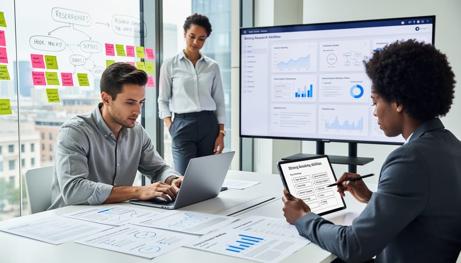 Close-up of writer's hands typing on laptop with research notes on wooden desk