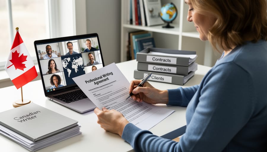 Close-up of person signing contract document at desk with laptop
