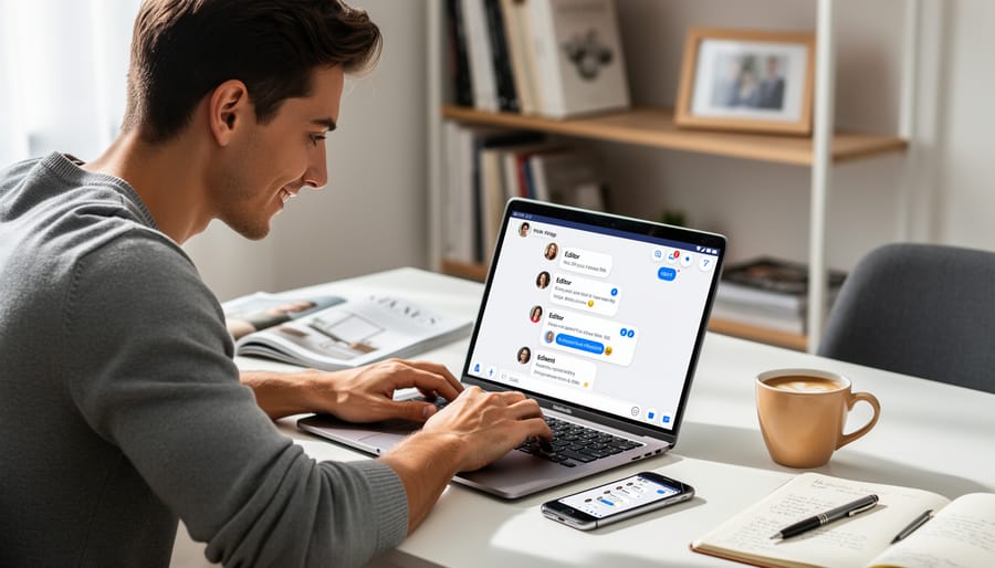 Person engaging with social media content on smartphone in professional workspace