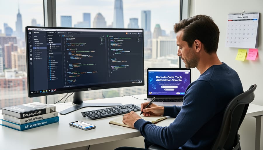Confident freelance technical writer working remotely at cafe with laptop