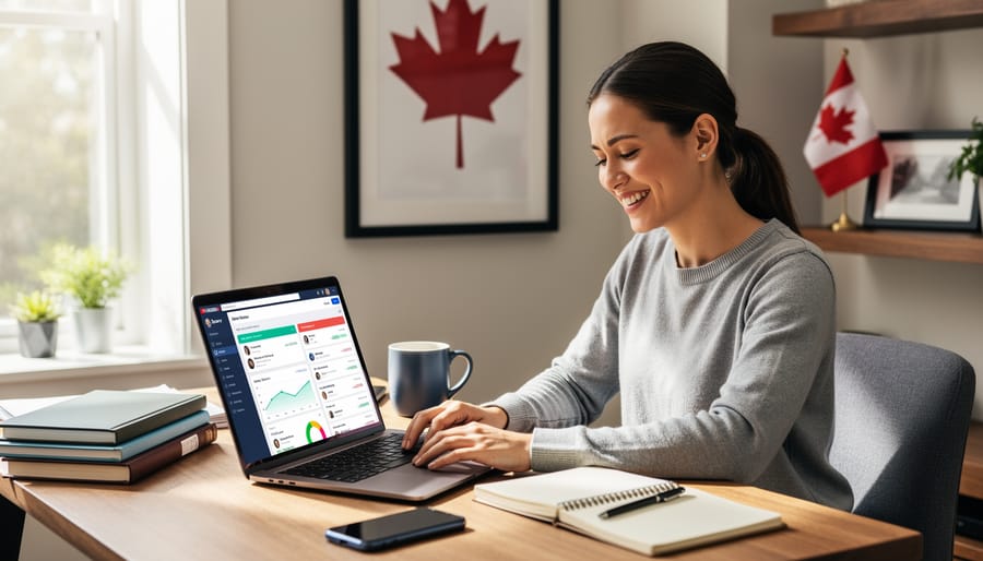 Confident freelance writer smiling while working at laptop in bright home office