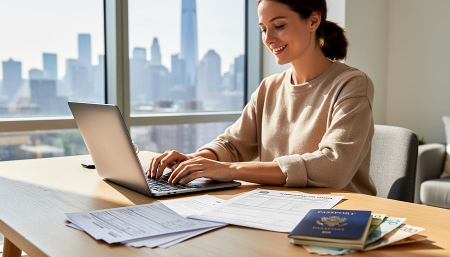 Freelance writer working confidently at laptop in bright home office