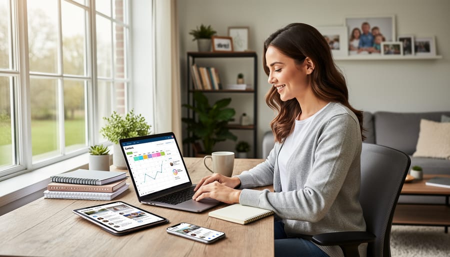 Female freelance writer working contentedly at organized home office desk