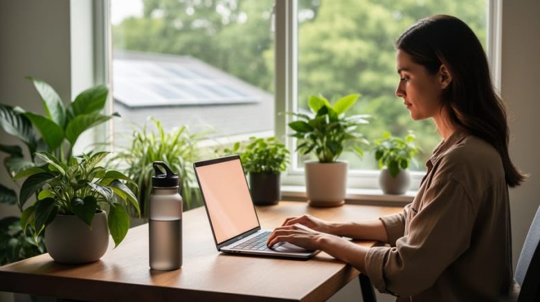 Freelance writer typing on a laptop at a wooden desk in a bright home office with houseplants, a reusable water bottle, and soft natural light, with blurred rooftop solar panels and trees visible outside the window; laptop screen glow without readable text.