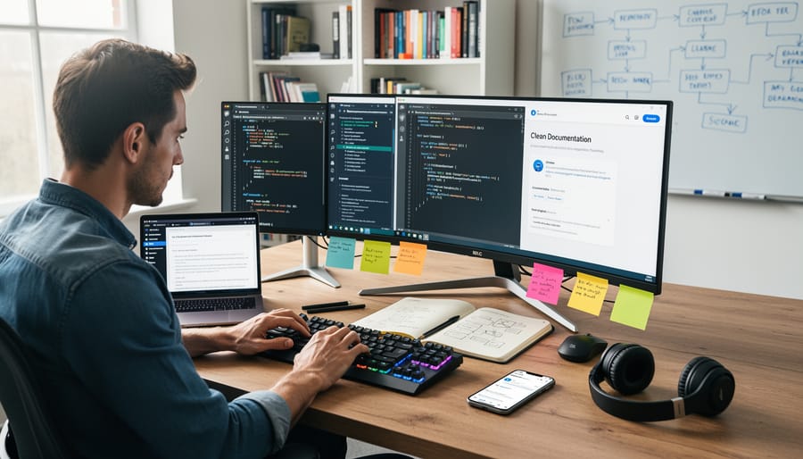 Technical writer working on laptop with code editor in modern home office