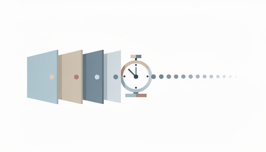 Hourglass with flowing sand beside writing materials on desk