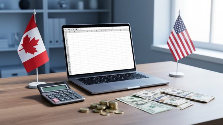 45-degree view of a neat home office desk with Canadian and U.S. flags, mixed CAD and USD currency, a calculator, and a laptop in soft daylight, symbolizing reporting Canadian income to the IRS; no legible text visible.