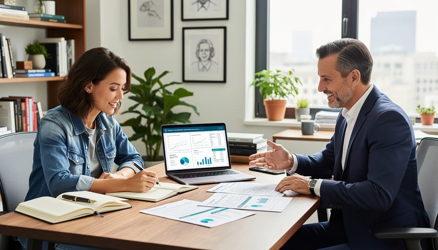 Confident writer working productively in organized home office with natural lighting