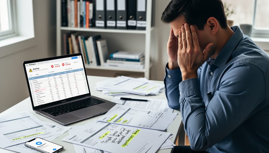 Stressed freelance writer at desk surrounded by scattered financial documents and receipts