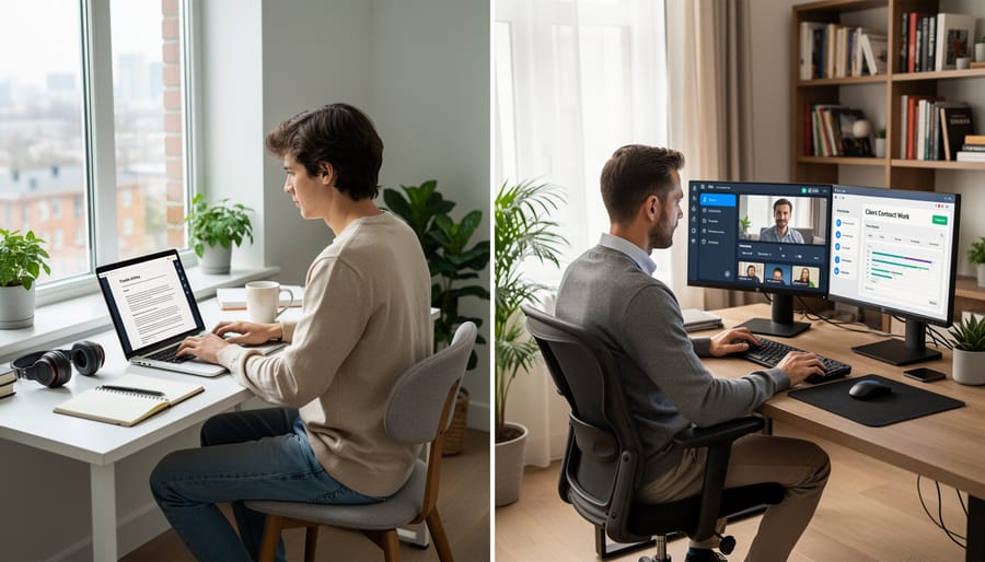 Writer working at home office desk with laptop in natural lighting