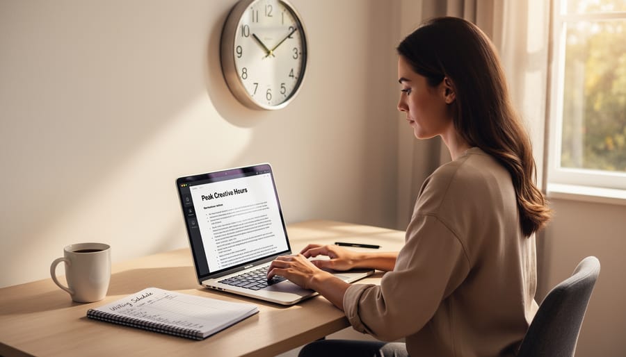 Freelance writer working at laptop during productive hours in home office