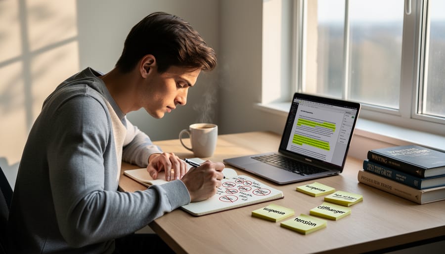 Writer working at laptop with coffee and crumpled paper on desk