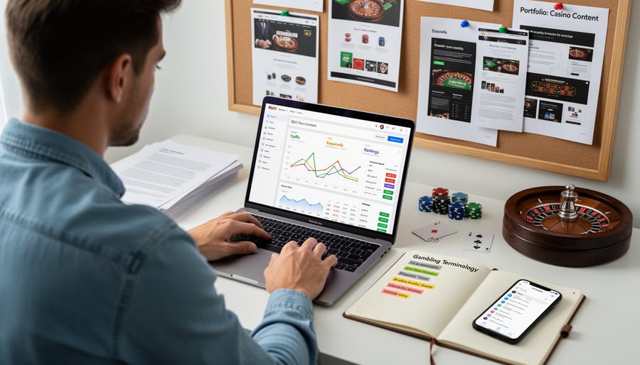 Writer's workspace showing laptop, notepad, and materials for content creation