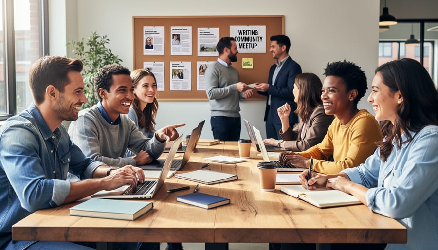 Group of freelance writers collaborating and networking in co-working space