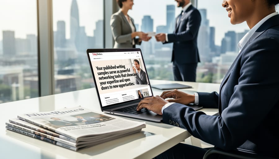 Freelance writer working on laptop displaying portfolio of published articles