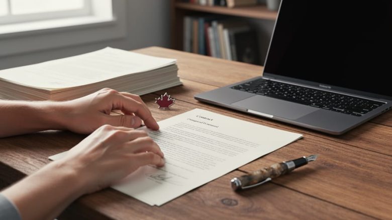 Hands of an early-career Canadian writer examining a contract beside a manuscript stack, fountain pen, and open laptop on a wooden desk, with a blurred bookshelf and window in the background.