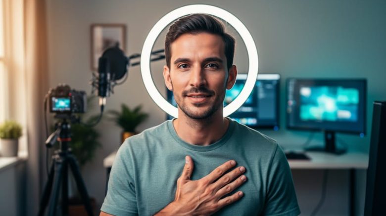 A YouTube creator in a home studio looks warmly into the camera, framed by a ring light with a hand over their heart, mixed warm and cool lighting, and blurred background gear without visible on-screen text.