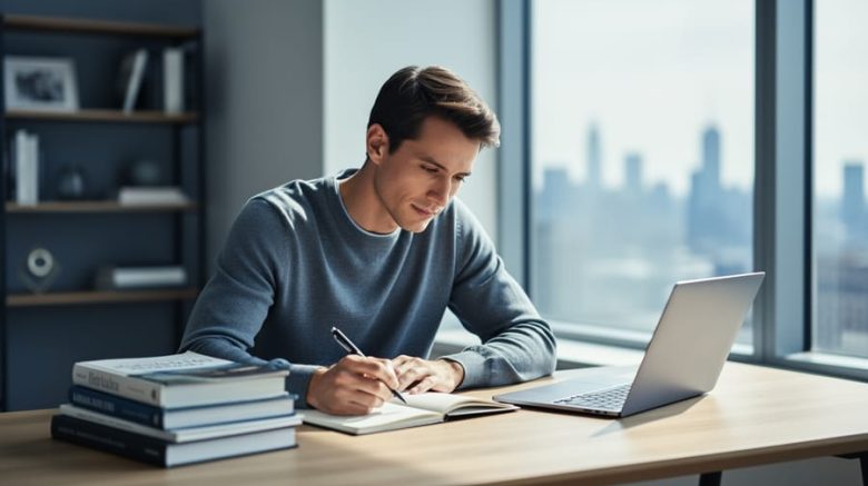 Focused freelance writer at a modern desk with a laptop and stack of academic journals, pen in hand, soft daylight from the left, shallow depth of field with a blurred bookshelf and city skyline in the background.