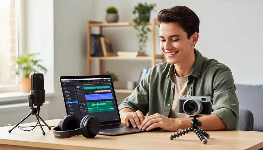 Freelance writer setting up affordable video recording equipment in home office