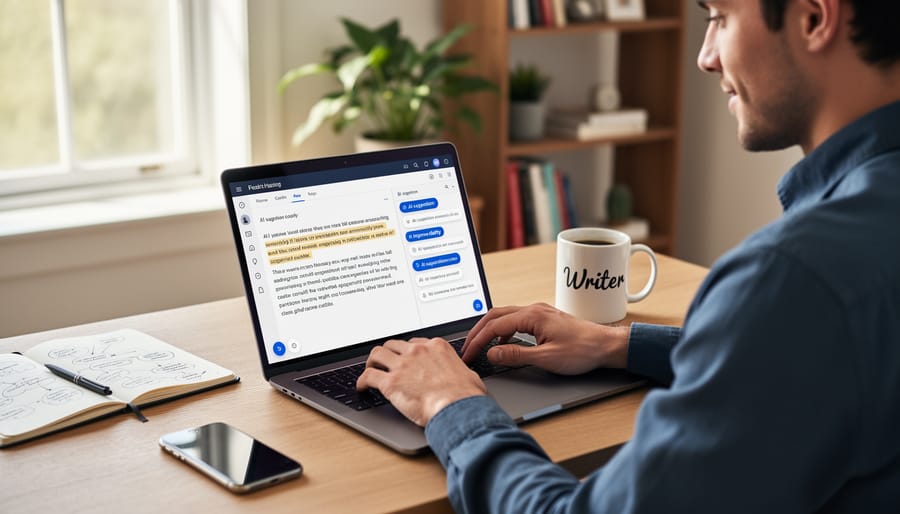 Freelance writer typing on laptop with AI writing assistant interface visible