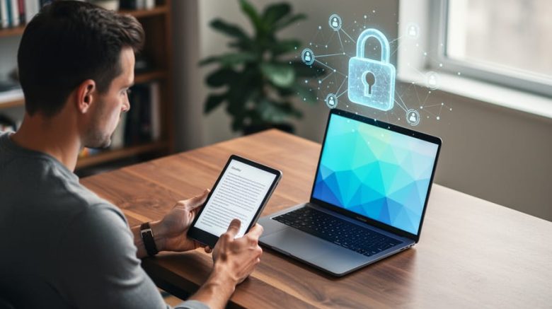 Freelance writer at a wooden desk holding an e-reader next to a laptop, with a glowing padlock and connected nodes hovering above the device, in soft natural light with a blurred bookshelf and plant in the background.