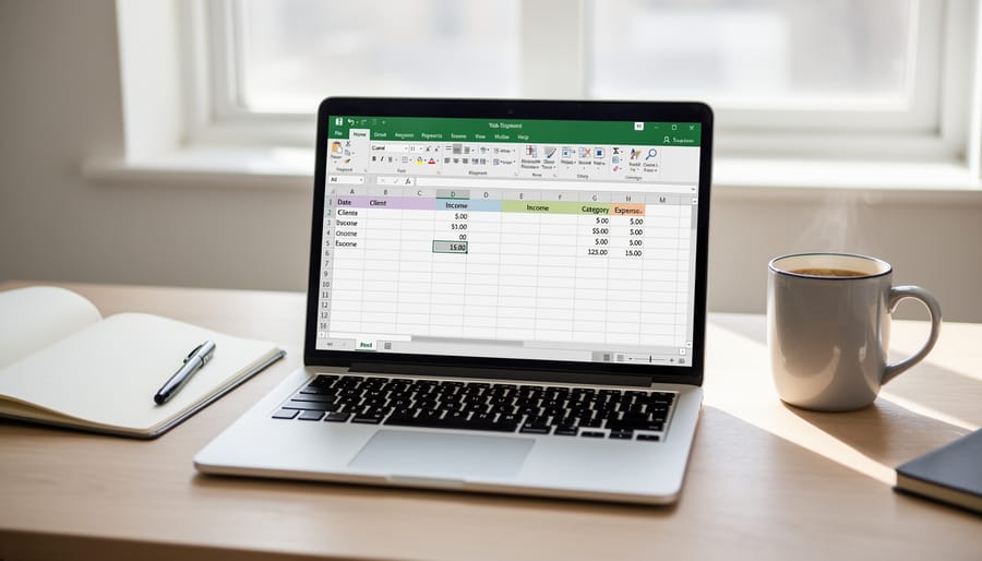 Laptop computer showing spreadsheet for freelance bookkeeping with calculator nearby