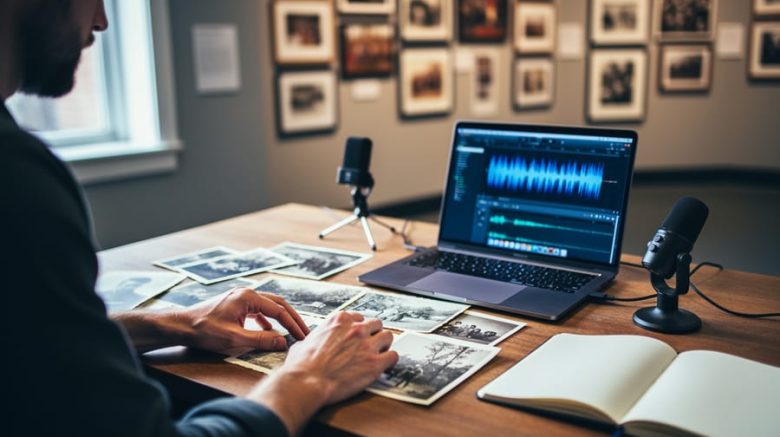 Over-the-shoulder medium shot of a Canadian freelance writer arranging archival photo prints next to a laptop displaying an audio waveform, with a portable microphone and notebook on the desk and blurred museum exhibits and a community photo wall in the background, lit by soft window light.