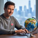 Canadian freelance writer at a modern home office desk with a small globe and laptop, wearing a subtle maple-leaf pin; soft side daylight and a blurred city skyline in the background convey focus on international niche markets.