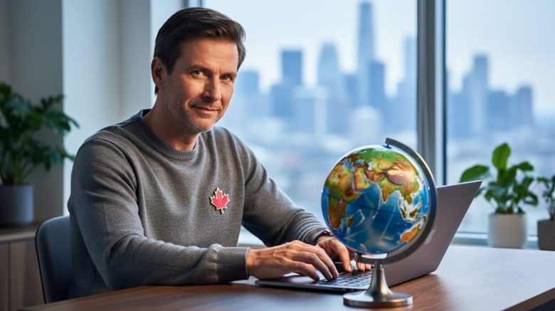 Canadian freelance writer at a modern home office desk with a small globe and laptop, wearing a subtle maple-leaf pin; soft side daylight and a blurred city skyline in the background convey focus on international niche markets.