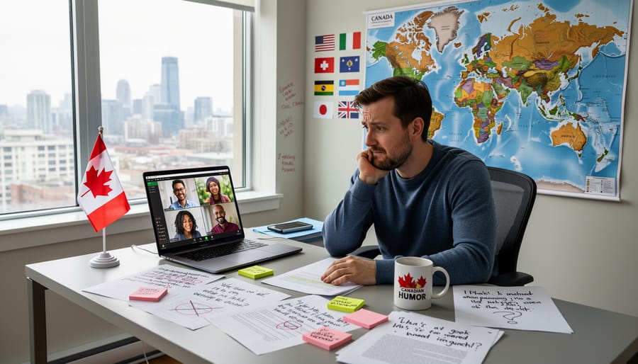 Close-up of writer's hands typing on laptop with Canadian maple leaf mug nearby