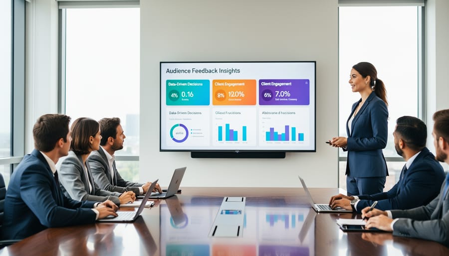 Freelance writer discussing audience feedback results with client in professional setting