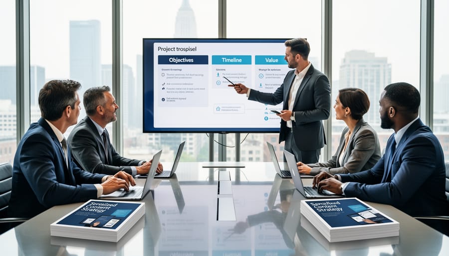 Two professionals collaborating over laptop discussing content project in coffee shop