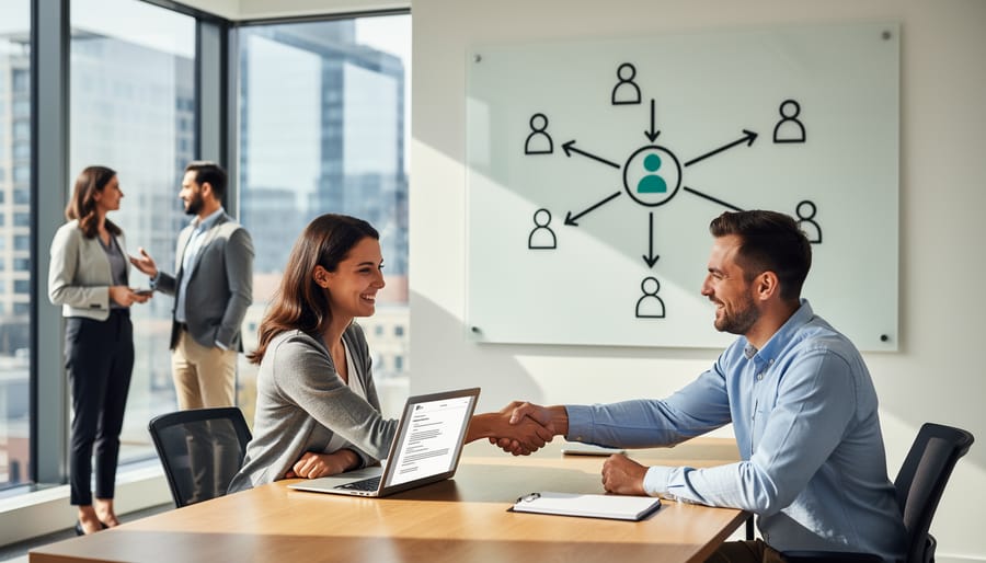 Two professionals shaking hands in modern office setting with laptop on desk