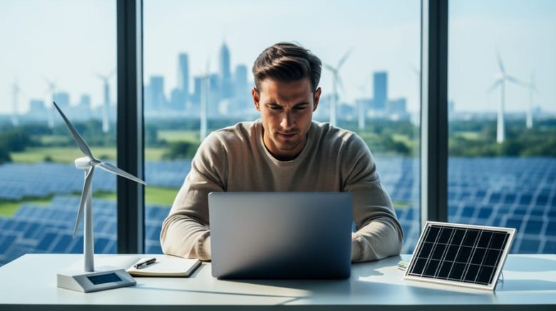 Freelance climate tech writer typing at a modern desk beside a miniature wind turbine and solar cell sample, with soft daylight and a blurred view of wind turbines and solar panels outside the window.