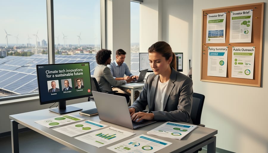 Business professionals collaborating in modern office with renewable energy infrastructure visible in background