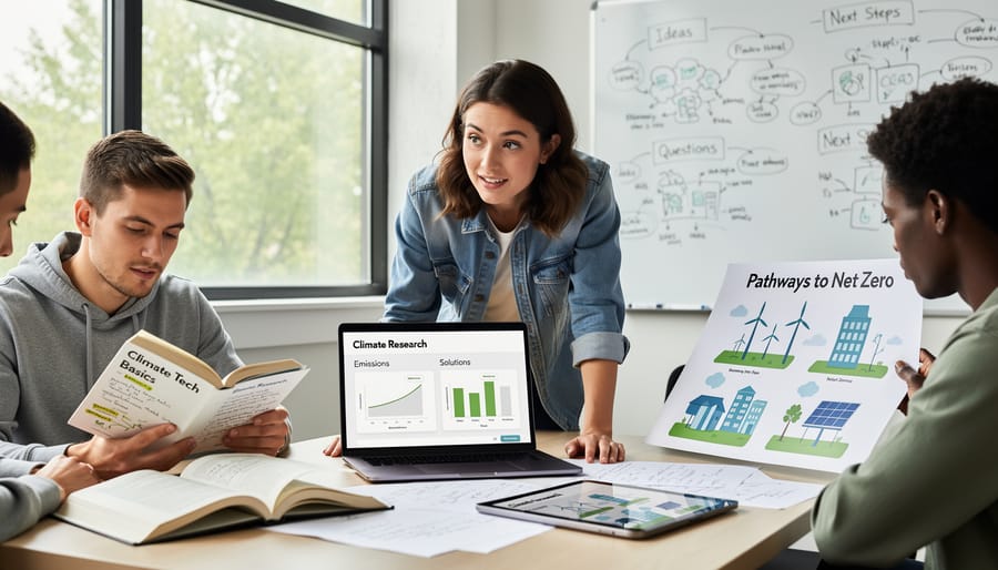 Overhead view of writer's workspace with notebook, laptop, and research materials for climate tech content