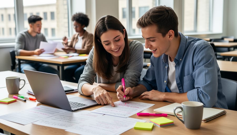 Writers' hands collaborating on manuscript with laptop and printed pages with notes