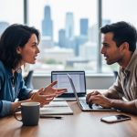 Two diverse freelance writers at a wooden desk with laptops and a notebook, collaborating in a bright coworking space with a softly blurred Canadian city skyline visible through the window; hands gesturing, no readable text on screens