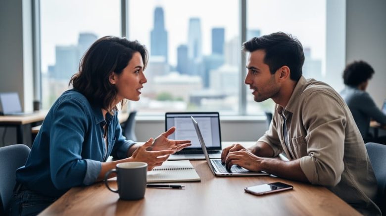 Two diverse freelance writers at a wooden desk with laptops and a notebook, collaborating in a bright coworking space with a softly blurred Canadian city skyline visible through the window; hands gesturing, no readable text on screens