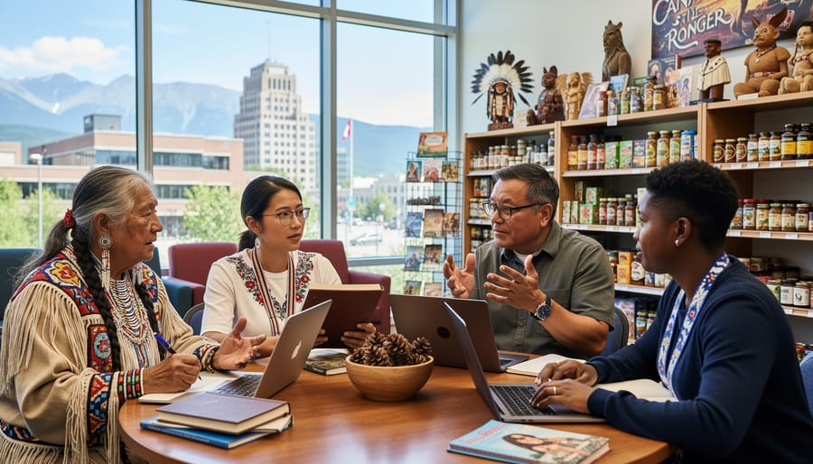 Freelance writer interviewing elderly Indigenous community member in cultural center setting