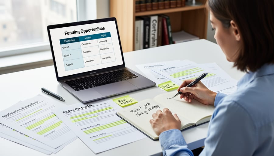 Hands reviewing and comparing foundation grant application documents on desk