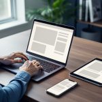 Freelance writer at a home office desk using a laptop, tablet, and smartphone displaying matching layout blocks without text, lit by soft daylight with blurred shelves and plants in the background.