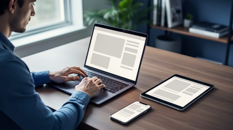 Freelance writer at a home office desk using a laptop, tablet, and smartphone displaying matching layout blocks without text, lit by soft daylight with blurred shelves and plants in the background.