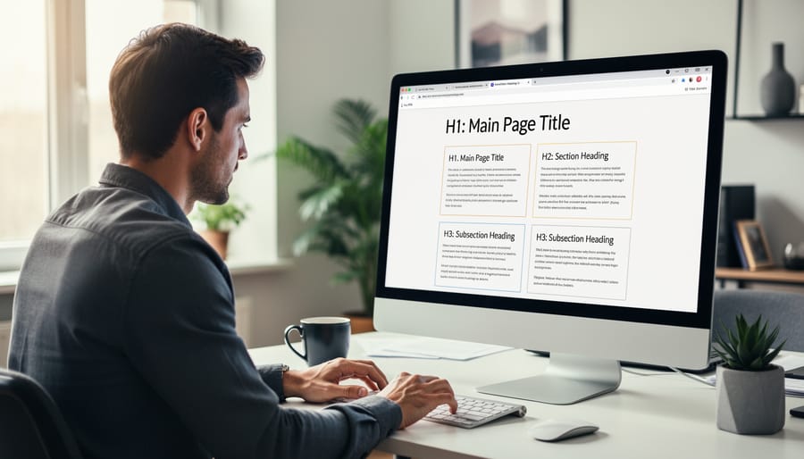 Writer organizing content structure with clear heading hierarchy on laptop