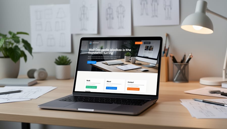 Person working on laptop showing portfolio website at modern workspace
