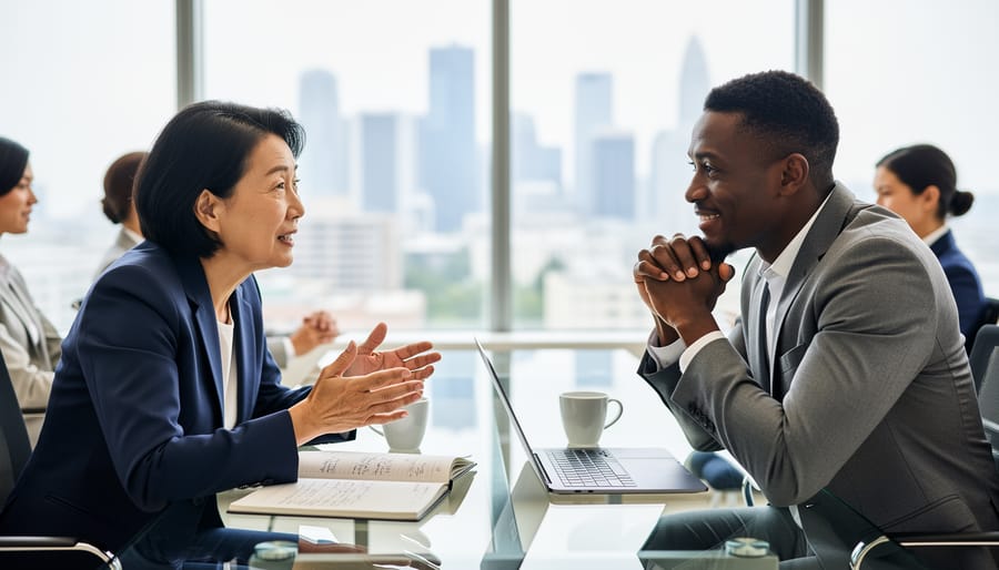 Two business professionals engaged in conversation across a desk in modern office setting
