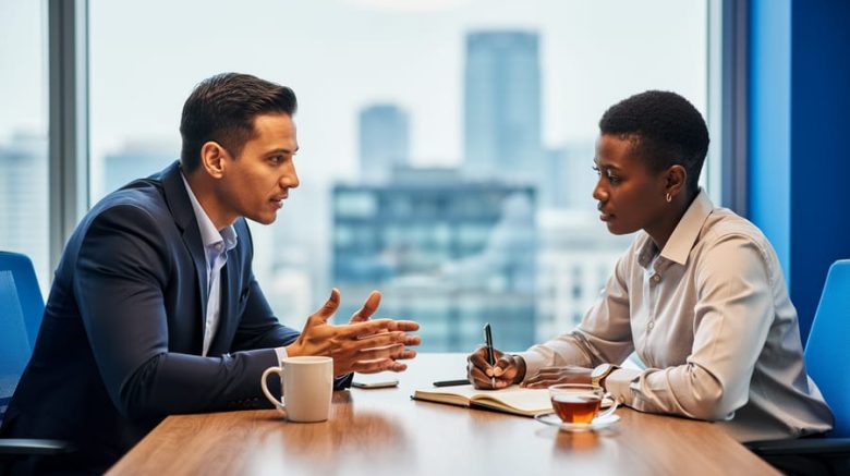 Two business professionals of different cultural backgrounds sit across a desk in a bright, glass-walled office, making eye contact and gesturing; laptop, notebook, coffee mug, and tea cup on the table; city skyline softly blurred behind them.