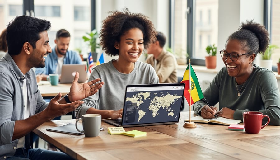 Diverse group of people from different cultures sharing laughter while working together at a table